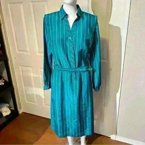 Schrader Sport Vintage Shirt Dress Womens 14 Belted Striped Midi Button Shift